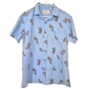 Kahala Hawaiian Shirt Mens Med Button Up Linen Cotton Blend Blue Short Sleeve
